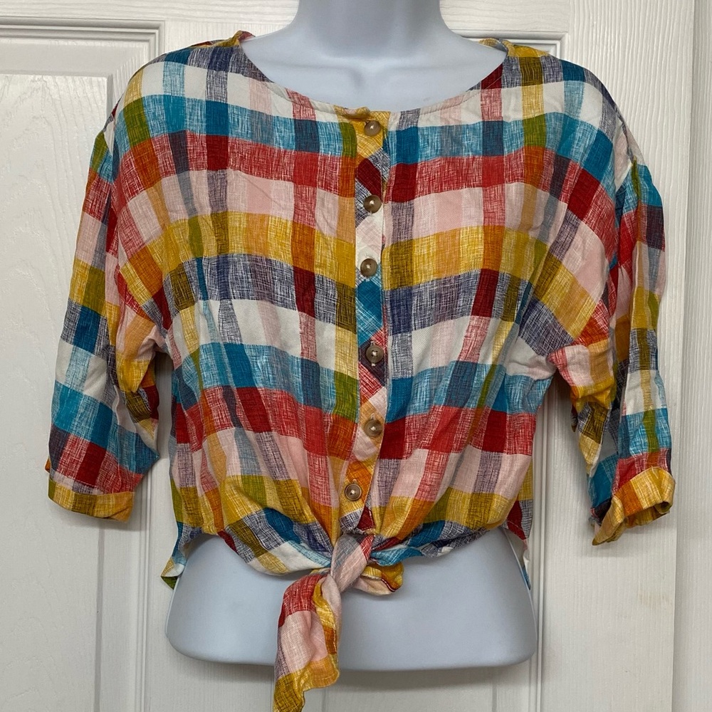 Lucky Brand Multicolor Plaid Tie Knot Front Crop Top Sz M